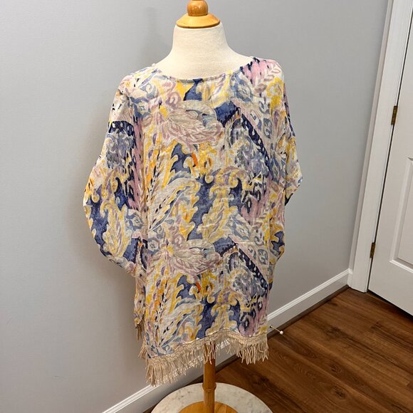 Chicos Linen Weave Poncho Cape Watercolor Paisley Crochet Fringe L/XL - Picture 4 of 13